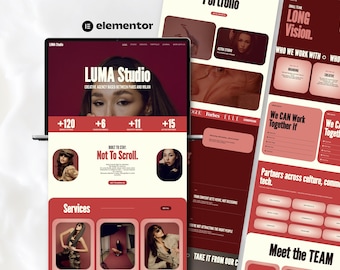May include: A digital display of the LUMA Studio website featuring a deep red and cream color palette. The layout includes sections for services, portfolio, and team information with bold typography and photographic elements throughout the interface.