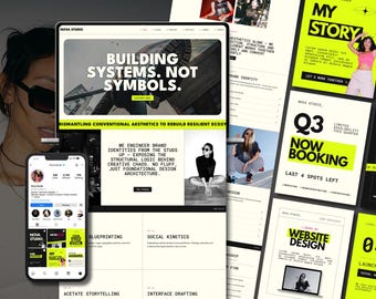 Elementor Website Template & Instagram Templates Launch Kit | Wordpress Theme + 50 Canva Social Media Posts | Premium Neon Branding Kit