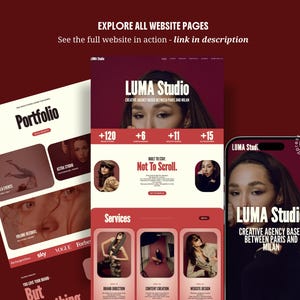 elementor wordpress theme website kit red creative feminine bold website for creatives coach consultant virtual assistant creative agency service business digital freelancer social media manager bundle instagram canva templates for solid clear consistent brand identity with main sections header footer portfolio case study page elementor blog wordpress SEO instagram neon kit carousels educational promotion