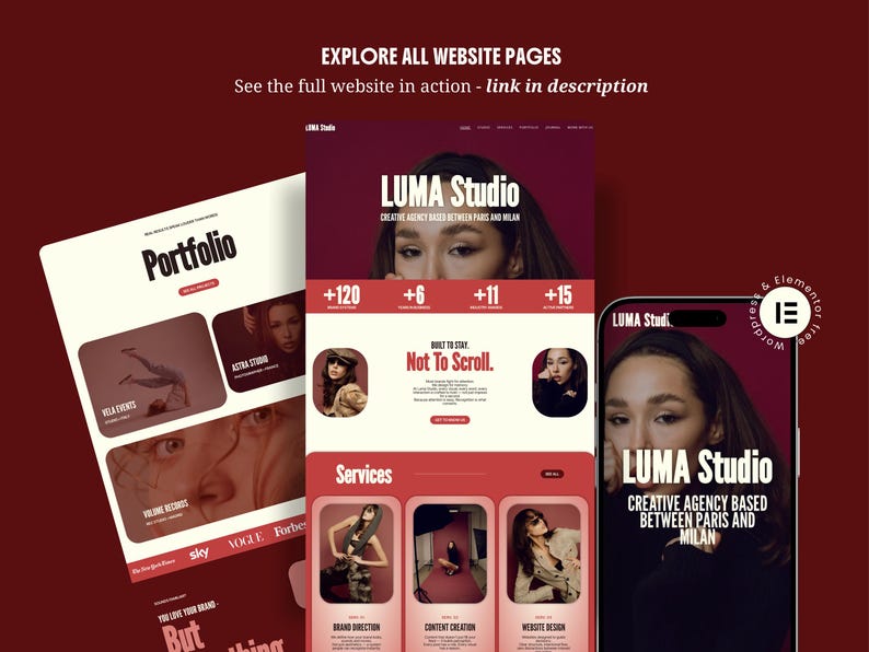 elementor wordpress theme website kit red creative feminine bold website for creatives coach consultant virtual assistant creative agency service business digital freelancer social media manager bundle instagram canva templates for solid clear consistent brand identity with main sections header footer portfolio case study page elementor blog wordpress SEO instagram neon kit carousels educational promotion