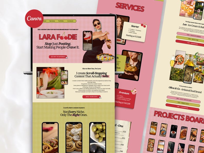 ugc portfolio one page website template canva easy to use and customize canva template for social media manager website landing page canva for influencers and service based brands, landing page canva for creative brands hero section pink and green feminine website ugc portfolio