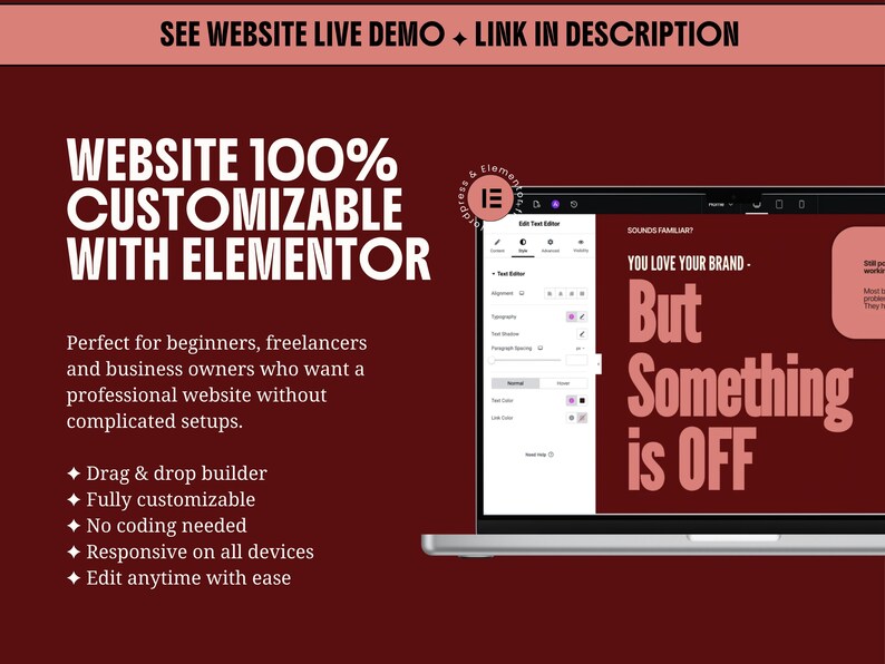 elementor wordpress theme website kit red creative feminine bold website for creatives coach consultant virtual assistant creative agency service business digital freelancer social media manager bundle instagram canva templates for solid clear consistent brand identity with main sections header footer portfolio case study page elementor blog wordpress SEO instagram neon kit carousels educational promotion
