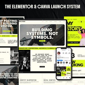 May include: A digital marketing system display featuring the Elementor and Canva Launch System. The layout includes multiple black, white, and neon yellow graphic panels with bold typography, website interface mockups, and a smartphone screen.