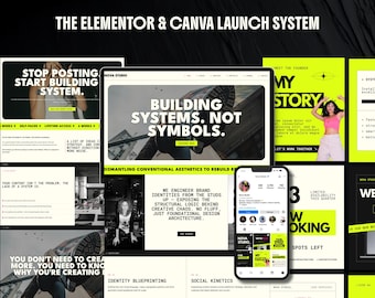 May include: A digital marketing system display featuring the Elementor and Canva Launch System. The layout includes multiple black, white, and neon yellow graphic panels with bold typography, website interface mockups, and a smartphone screen.
