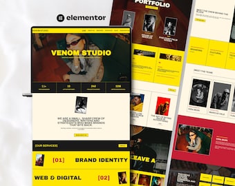 May include: A digital display showing a website interface for Venom Studio, featuring a bold yellow and black color scheme. The layout includes sections for brand identity, web and digital services, team member profiles, and project portfolios.