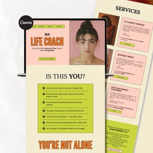 Op de afbeelding: Een digitale websitetemplate voor een life coach met een lichtcrème achtergrond en limoengroene en oranje tekst. De lay-out bevat een koptekst met de tekst Delia Life Coach, een portret van een persoon en een checklist getiteld Is This You?