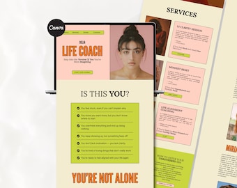 May include: A digital website template for a life coach featuring a light cream background with lime green and orange text. The layout includes a header with the text Delia Life Coach, a portrait of a person, and a checklist titled Is This You?