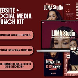 May include: A digital marketing kit featuring a laptop and smartphone displaying the LUMA Studio website. The kit includes an Elementor website template, 50 Canva Instagram templates, and a Notion installation guide, all presented in a dark red color scheme.