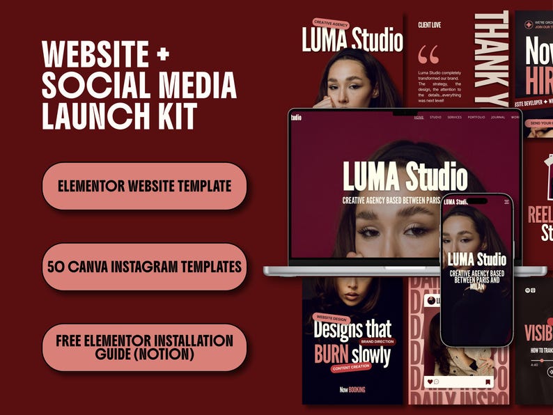 May include: A digital marketing kit featuring a laptop and smartphone displaying the LUMA Studio website. The kit includes an Elementor website template, 50 Canva Instagram templates, and a Notion installation guide, all presented in a dark red color scheme.
