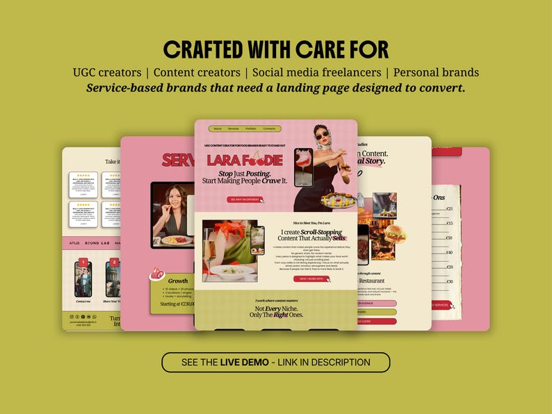 UGC Canva フェミニン ポートフォリオ テンプレート 大胆なフード クリエイター ウェブサイト コンテンツ クリエイター ランディング ページ 編集可能なクリエイティブ ウェブサイト 画像 2