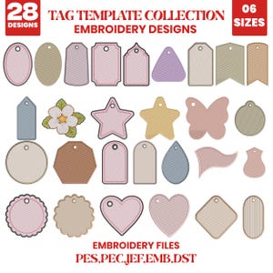 Puede incluir: Una colección de 28 diseños de etiquetas para bordar en 6 tamaños, con formas variadas como corazones, estrellas, círculos y una flor. El texto dice: 28 DESIGNS TAG TEMPLATE COLLECTION EMBROIDERY DESIGNS 06 SIZES EMBROIDERY FILES PES,PEC,JEF,EMB,DST.