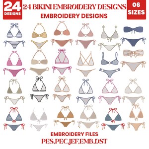 May include: A digital collection of 24 bikini embroidery designs in 6 sizes, featuring various two-piece swimwear styles in neutral and muted tones. The text reads 24 BIKINI EMBROIDERY DESIGNS, 06 SIZES, EMBROIDERY DESIGNS, and EMBROIDERY FILES PES,PEC,JEF,EMB,DST.