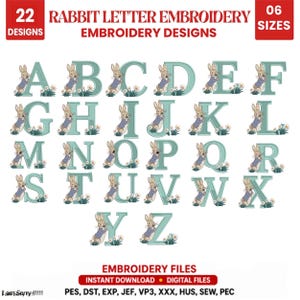 Könnte beinhalten: Eine Sammlung von 26 Alphabet-Stickmustern, jeder Buchstabe in Türkis, mit einem Hasen in einer blauen Weste. Das Bild enthält den Text "RABBIT LETTER EMBROIDERY" und "EMBROIDERY DESIGNS". Das Design-Set enthält 22 Designs und 6 Größen.