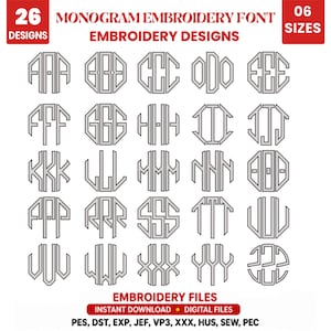 May include: A digital embroidery design set with 26 monogram designs. The image displays the text "MONOGRAM EMBROIDERY FONT" and "EMBROIDERY DESIGNS". The designs are available in 6 sizes and are instant download digital files.