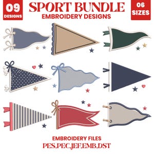 May include: A digital collection of 09 sport bundle embroidery designs featuring various pennant flags in different shapes, colours, and patterns, including stripes and polka dots, accompanied by small star and heart icons and file format text.