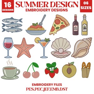 Può includere: Una collezione digitale di 16 ricami a tema estivo con illustrazioni di pesci, pasta, pizza, vino, olio d'oliva, una stella marina, un cocktail, una conchiglia con perla, caffè, ciliegie, fragole, una pesca e pane in un sacchetto di carta.