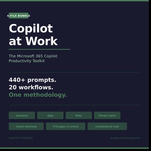 May include: Dark blue graphic with the text "Copilot at Work" and "The Microsoft 365 Copilot Productivity Toolkit." Includes "440+ prompts, 20 workflows, One methodology." Also includes "Instant download" and "179 pages of content."