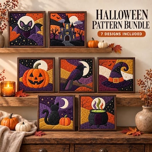 May include: A Halloween pattern bundle featuring seven square framed art pieces with quilted textures. Designs include a bat, a haunted castle, a jack-o'-lantern, a crow, a witch's hat, a black cat, and a cauldron. Text reads: HALLOWEEN PATTERN BUNDLE 7 DESIGNS INCLUDED.