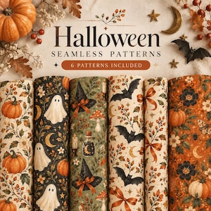 May include: Six rolls of Halloween seamless patterns featuring illustrations of pumpkins, ghosts, witch hats, bats, moons, and stars. The text reads Halloween SEAMLESS PATTERNS 6 PATTERNS INCLUDED. The colour palette includes orange, black, and cream.