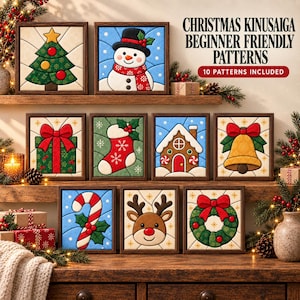 May include: A collection of ten framed Kinusaiga art pieces featuring Christmas themes including a tree, snowman, gift, stocking, gingerbread house, bell, candy cane, reindeer, and wreath, with text reading CHRISTMAS KINUSAIGA BEGINNER FRIENDLY PATTERNS.