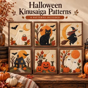 6 Halloween Kinusaiga-mönster, 20 x 20 cm utskrivbara tygmallar