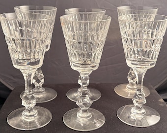 Vintage Cut Crystal Wine Goblets Set of 6 Diamond Pattern Faceted Stem Wine Glasses