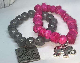 Handmade Pink Stone Bracelet Stack with Elephant Charm | Boho Stretch Bracelets | Jewelry Gift