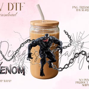 May include: A digital design for a 16oz cup wrap featuring the character Venom in black with a red tongue, surrounded by silver metal chains and a cracked glass effect. The text reads UV DTF, PNG TRANSPARENT BACKGROUND, VENOM, and 16OZ CUP WRAP.