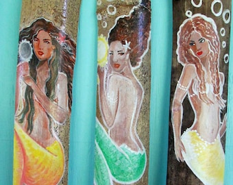Set of 3 Hand Painted Caribbean Fantasy Mermaid wall decor- bathroom decor - african mermaids