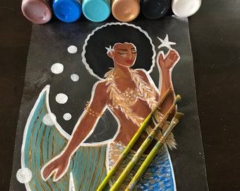 Beautiful Afro-Caribbean mermaid decal sticker  12”x 7 “, hand painted, mermaid decor