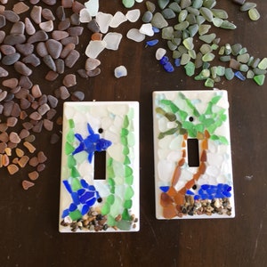 3 Decorative single Light Switch Plates Covers Coastal Decor Hand Made Beach House Decor sea glass mosaics single switch image 1