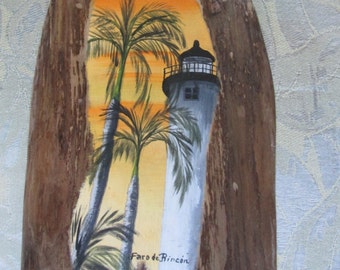 Rincon lighthouse with palm trees and colorful sunset hand painted on wood, vacation in Puerto Rico