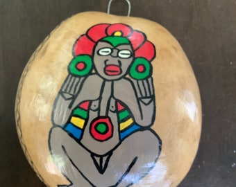 Gourd Art- Folk Art  -Fertility Goddess- Atabex- Native  Puerto Rican Tiano Influenced Art, hand painted, ready to ship