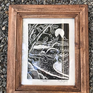 Framed Linoleum block art print, hand printed , limited edition, surf art, tiki art, 4/50, surf decor, ready to ship Bild 1