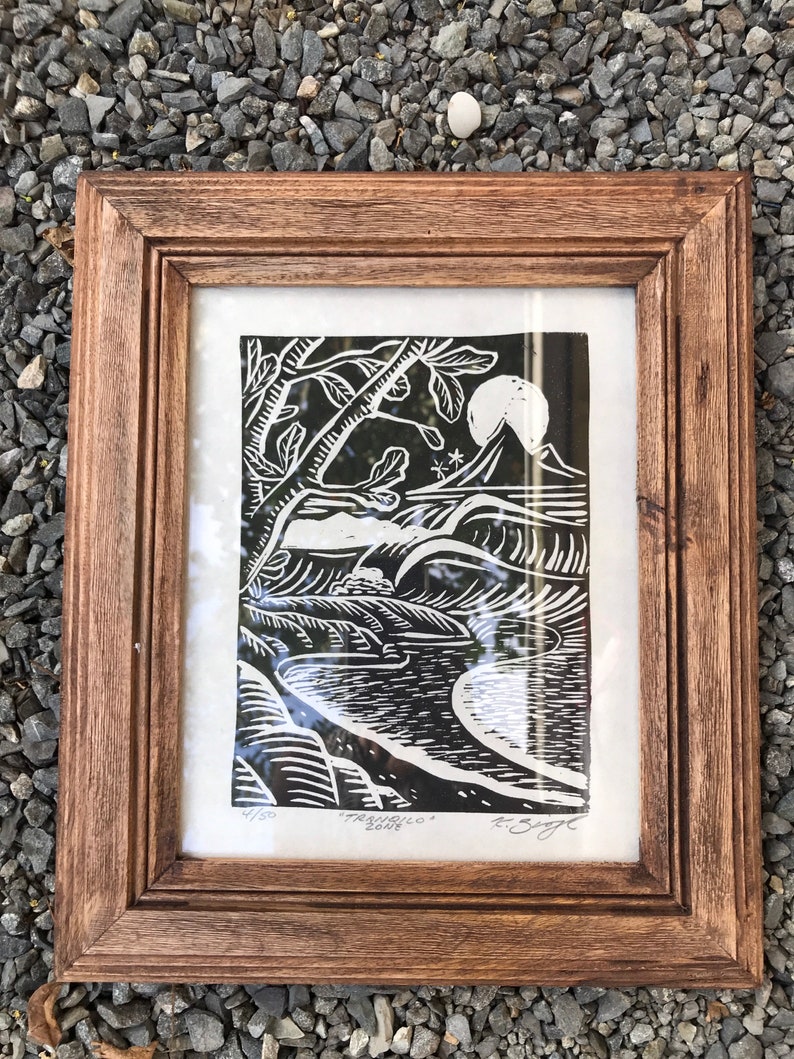 Framed Linoleum block art print, hand printed , limited edition, surf art, tiki art, 4/50, surf decor, ready to ship Bild 1