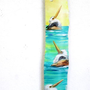 Original Pelican Painting on Drift wood, Caribbean beach house decor,Colorful Beach Decor, sea birds, Coastal Decor, hand painted driftwood,