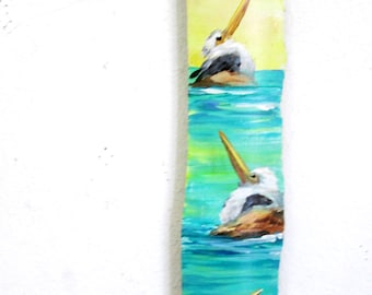 Original Pelican Painting on Drift wood, Caribbean beach house decor,Colorful Beach Decor, sea birds, Coastal Decor, hand painted driftwood,