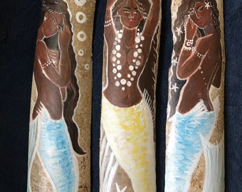 Set of 3 Beautiful Afro Caribbean Mermaids on driftwood, african mermaids, black mermaids, mermaid bathroom decor, Hand Painted mermaids