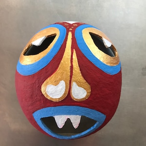 Colorful Afro-Caribbean Mask, carnival mask, gourd art, red gold yellow blue green, large image 1