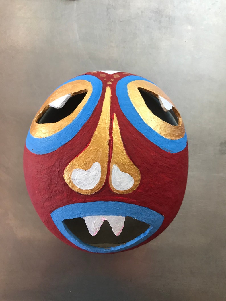 Colorful Afro-Caribbean Mask, carnival mask, gourd art, red gold yellow blue green, large image 1