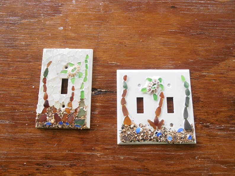 3 Decorative single Light Switch Plates Covers Coastal Decor Hand Made Beach House Decor sea glass mosaics single switch image 5