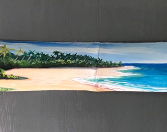 Tropical Beach scene hand painted on driftwood, Rincon Puerto Rico, Coastal wall Decor, office art beach decor, Rincon Puerto Rico