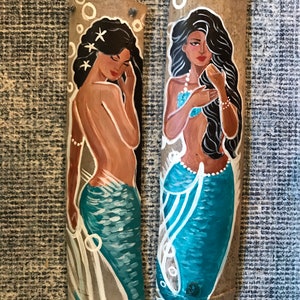 Two Beautiful Latina Mermaids Hand Painted on Driftwood, Mermaids of color , mermaid bathroom decor,