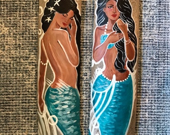 Two Beautiful Latina Mermaids Hand Painted on Driftwood, Mermaids of color , mermaid bathroom decor,