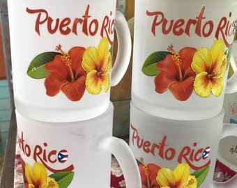 Set of 4 Frosted glass mugs with handles, colorful hibiscus and Puerto Rican flag, hot or cold liquid, 10 oz. ready to ship