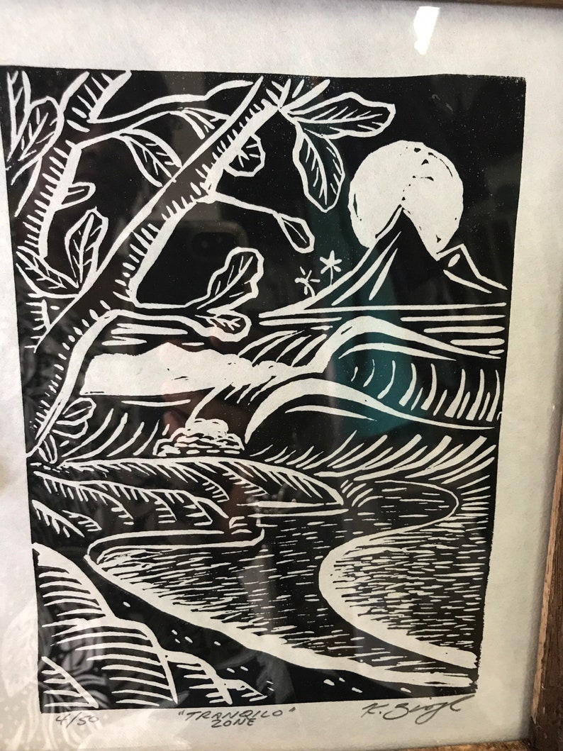 Framed Linoleum block art print, hand printed , limited edition, surf art, tiki art, 4/50, surf decor, ready to ship Bild 2