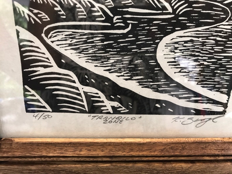 Framed Linoleum block art print, hand printed , limited edition, surf art, tiki art, 4/50, surf decor, ready to ship Bild 4