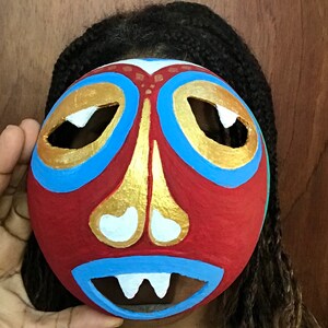 Colorful Afro-Caribbean Mask, carnival mask, gourd art, red gold yellow blue green, large image 4