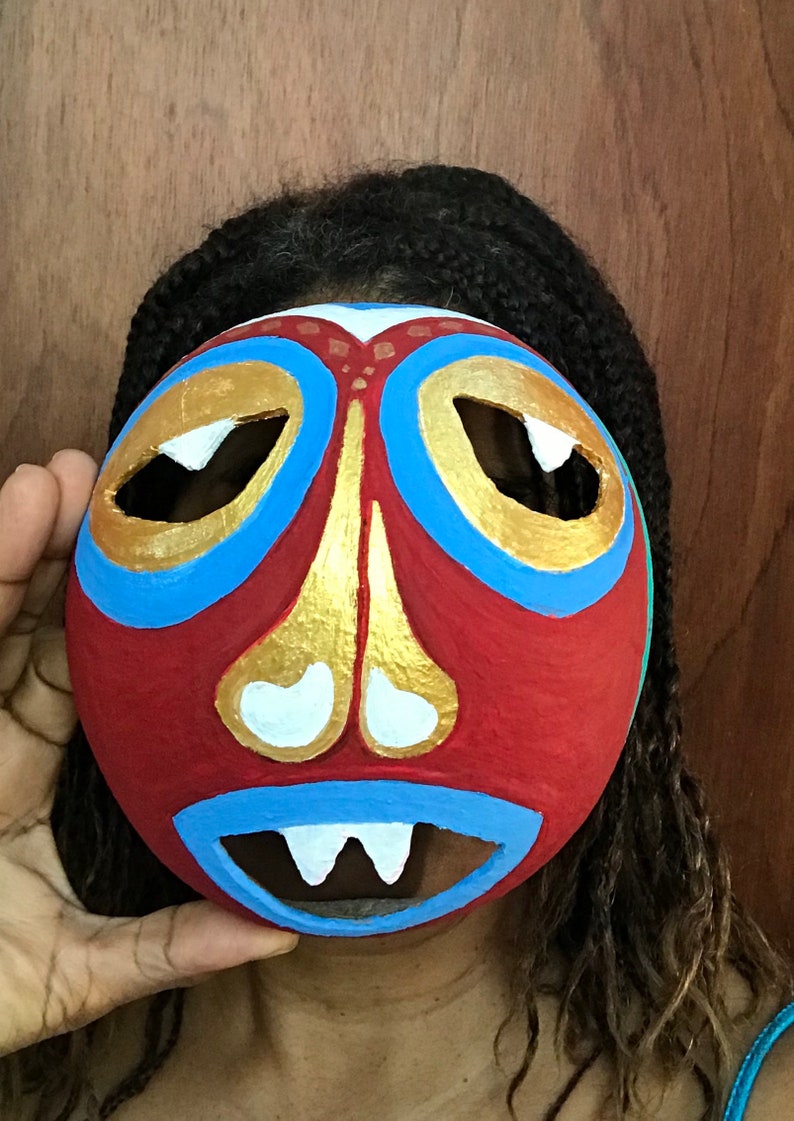 Colorful Afro-Caribbean Mask, carnival mask, gourd art, red gold yellow blue green, large image 4