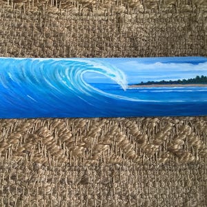 Big wave hand painted on DriftWood, Tropical art, surf art, Beach House Decor, coastal decor,  Tres Palmas wave, Rincon Puerto Rico, 15 x 6”